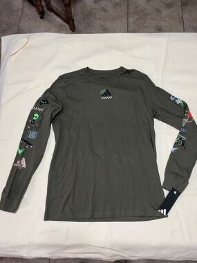adidas Olive Green Long-Sleeve Graphic Tee with Multicolor Sleeve Prints